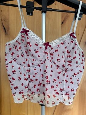Romwe Y2K Cherry Print Mesh Cami Top Lace Trim Coquette Corset Style Large